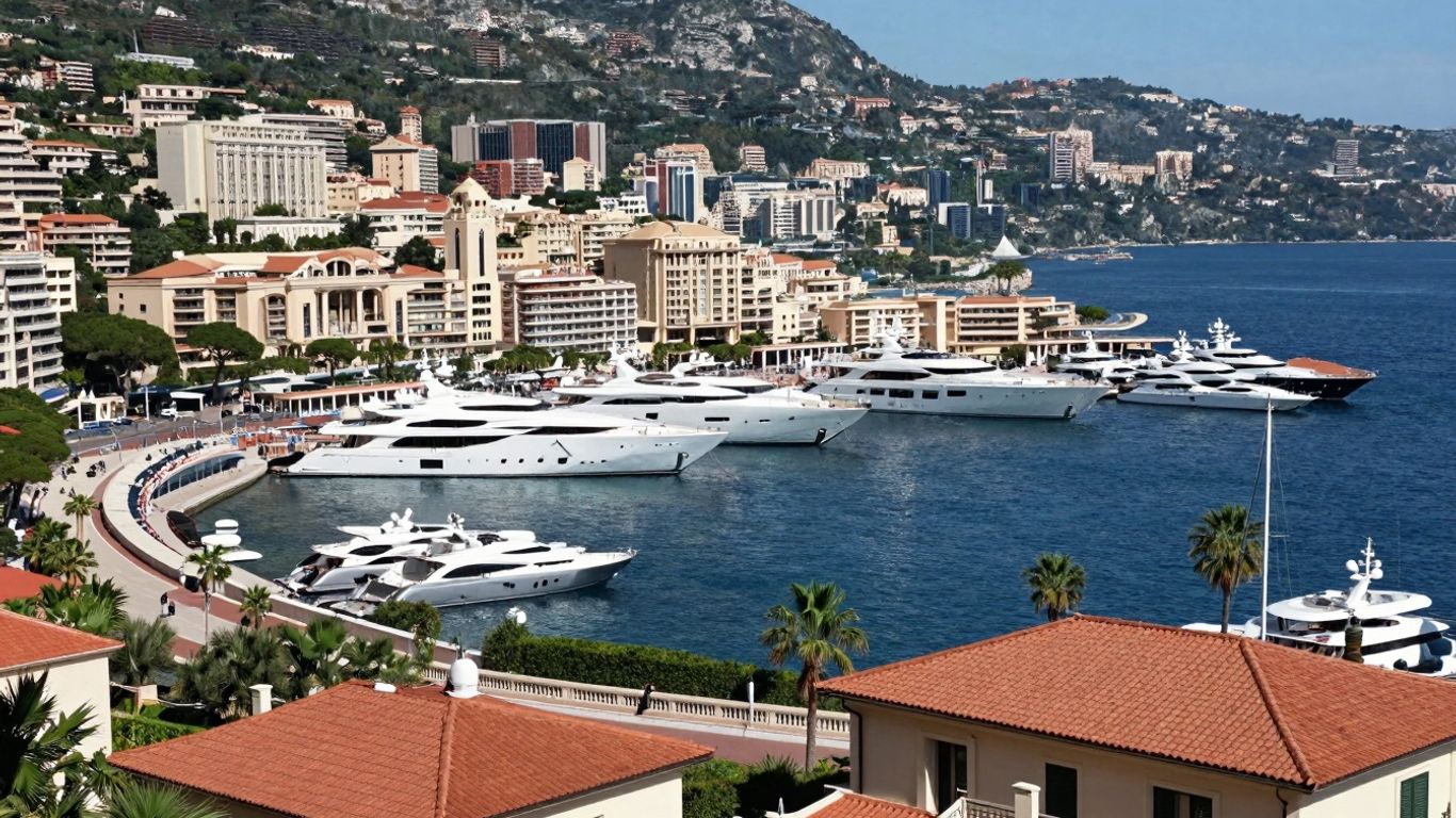 Luksusowe jachty w porcie Monako, widok na morze.