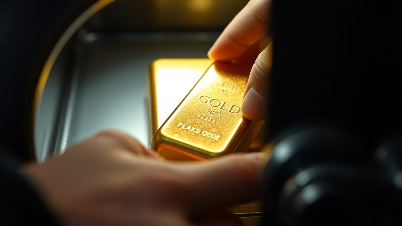 Personne plaçant une barre d'or dans un coffre-fort.