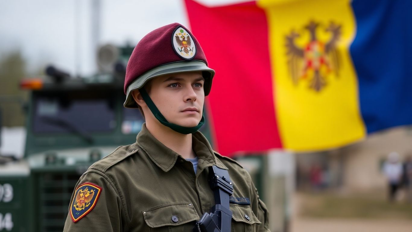 Soldat român în uniformă, drapel național.