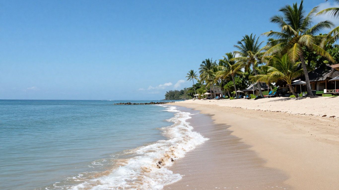 Tranquil Sanur Beach with golden sand and palm trees.