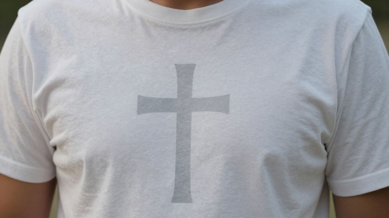 Person wearing faith-based clothing with subtle Christian symbol.