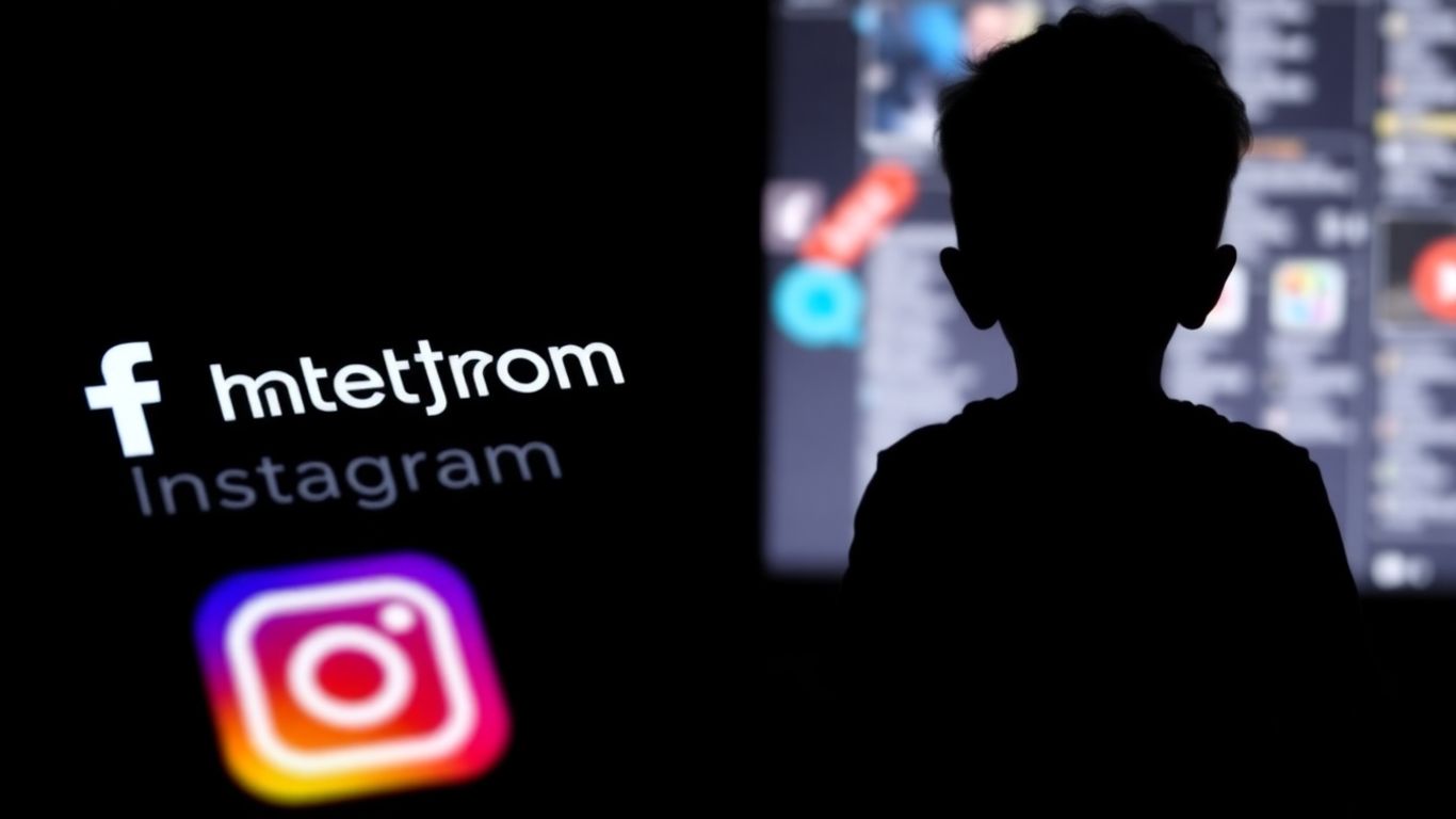 Logos Meta et TikTok, silhouette d'enfant devant un écran.
