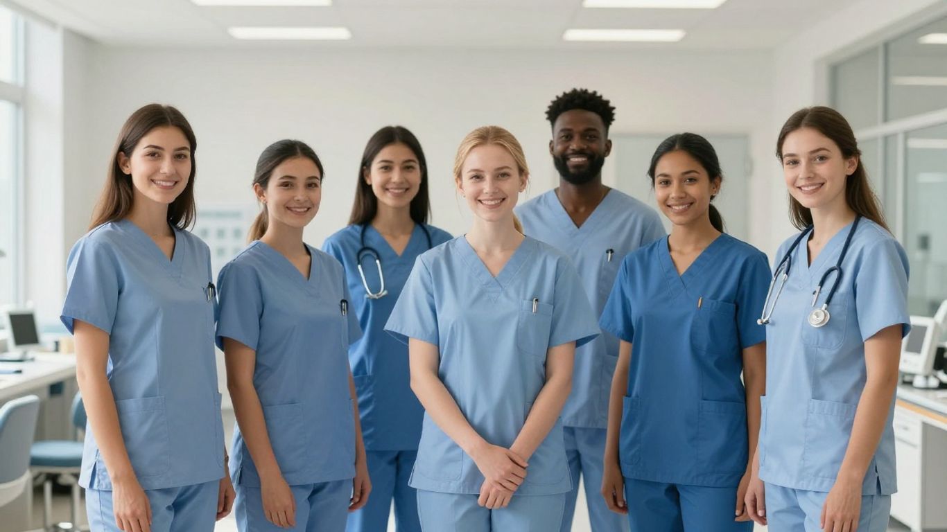 Happy nursing students in scrubs at a training facility.