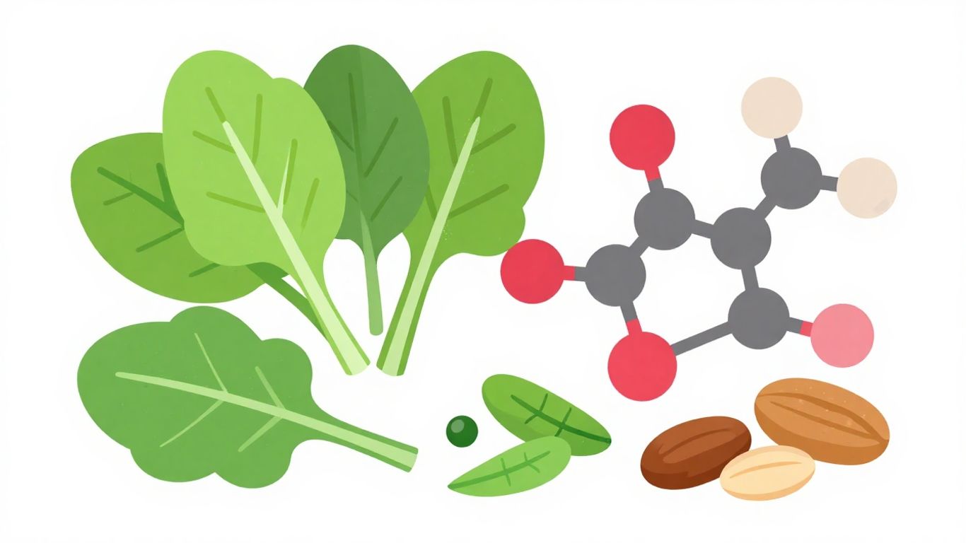 Plant-based foods with a subtle leucine molecule illustration.