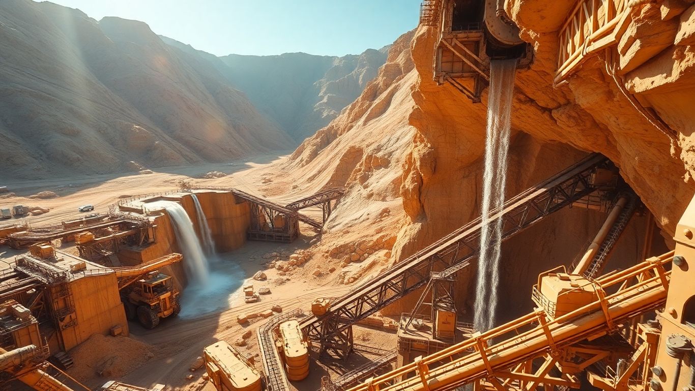 Mine d'or avec machinerie lourde et installations de traitement.