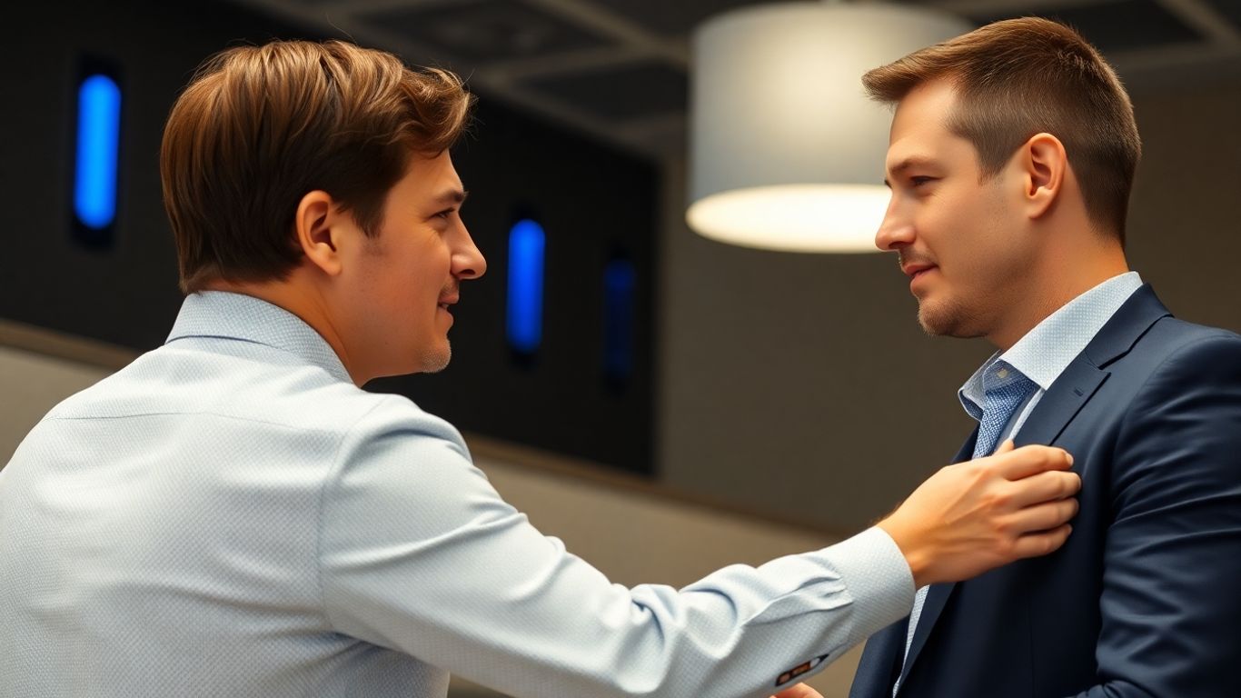 Zwei Personen im Gespräch, blaue Akzente, professionelle Atmosphäre.