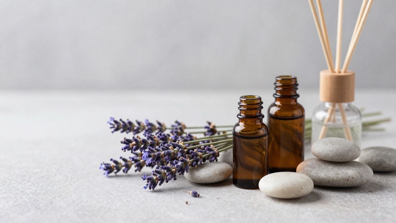 Uleiuri esențiale, lavandă și pietre pentru relaxare.
