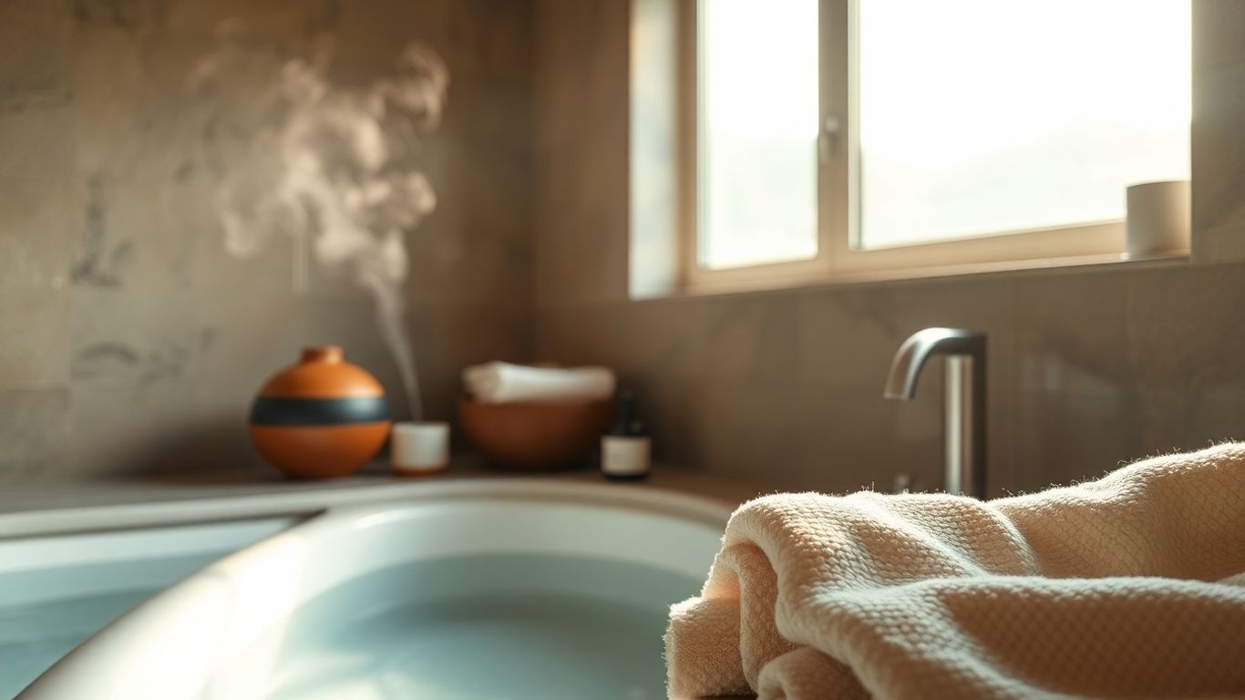 Baie relaxantă cu texturi naturale și lumină caldă.