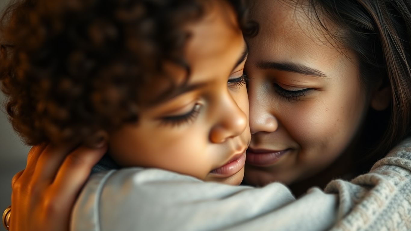 Mutter und Kind umarmen sich emotional