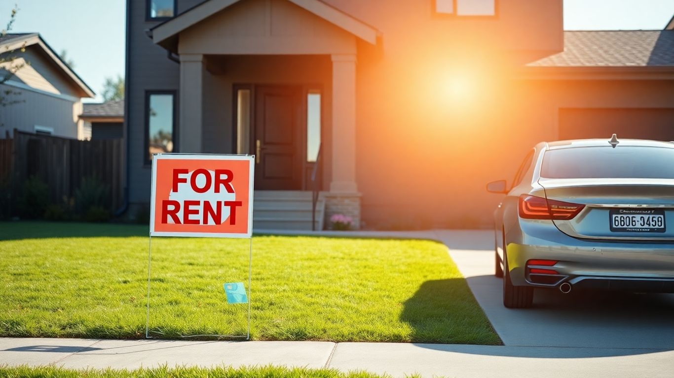 Casa con cartel de alquiler y césped cuidado.