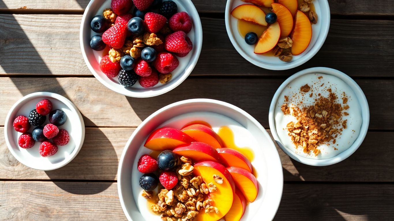 Healthy yogurt bowls with fruits and granola.