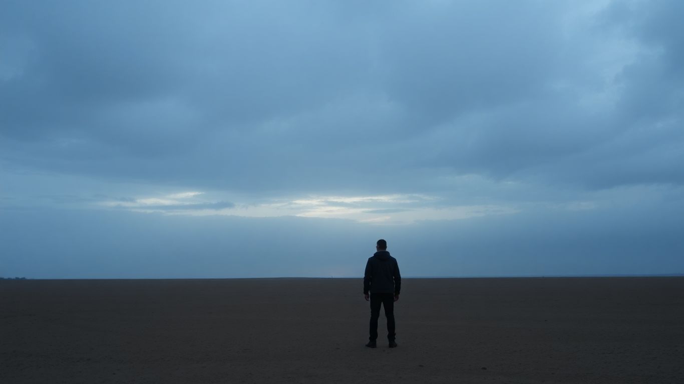 Figura solitária em paisagem vazia sob céu nublado.
