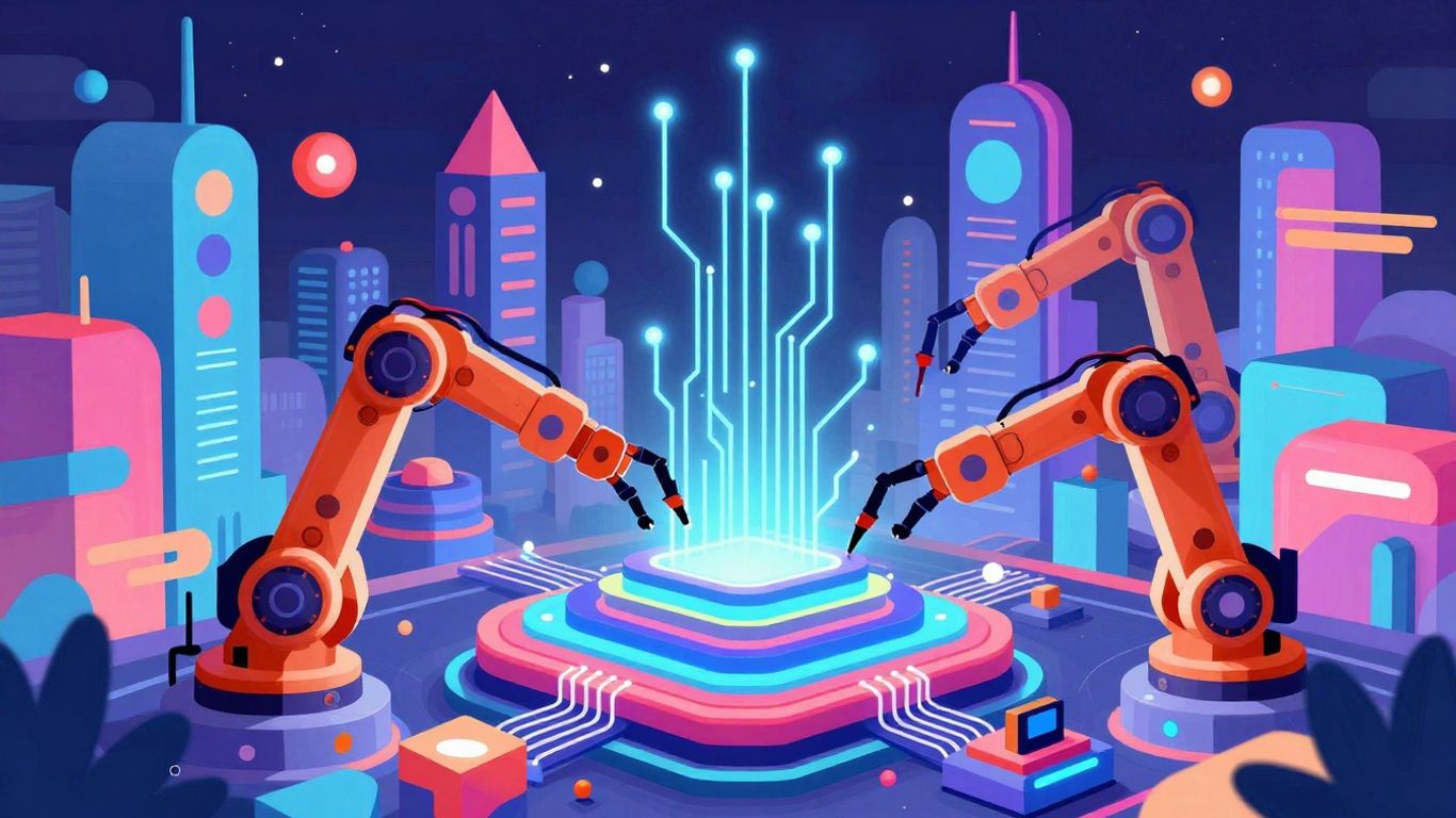 Futuristic AI cityscape with glowing circuits and robotic arms.