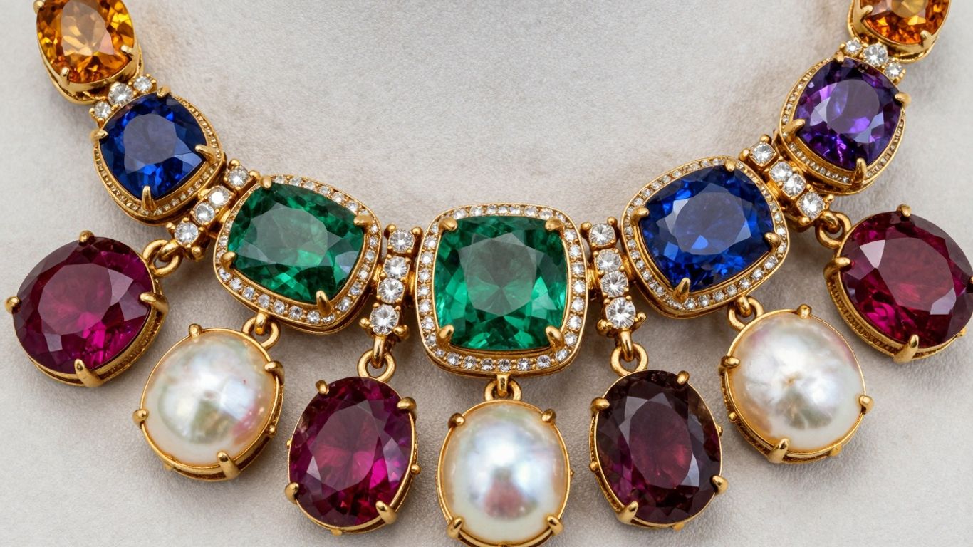 Navaratna necklace with nine colorful gemstones.