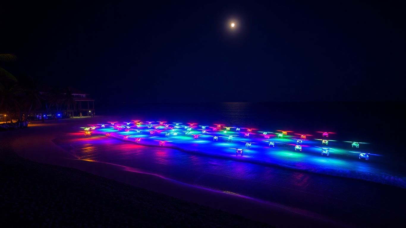 Colorful drone show lights over Bali beach at night