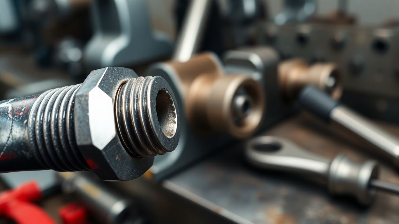 Close-up bolt with strong threaded engagement in workshop