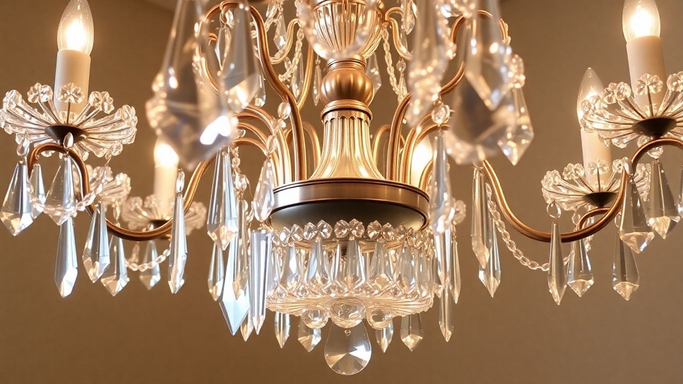 Restored crystal chandelier with sparkling prisms.