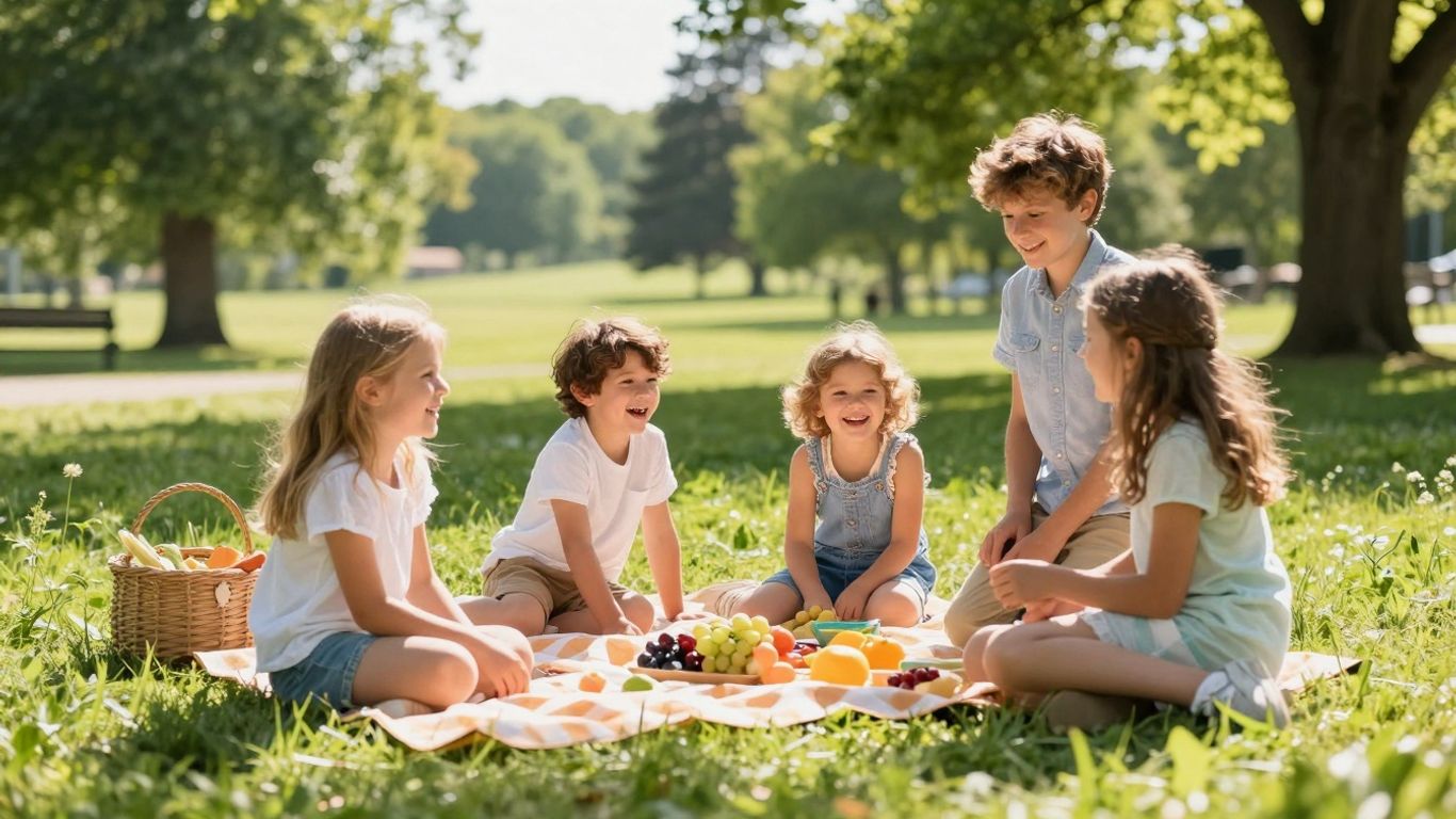 Familie genießt ein Picknick im Park an einem sonnigen Tag.