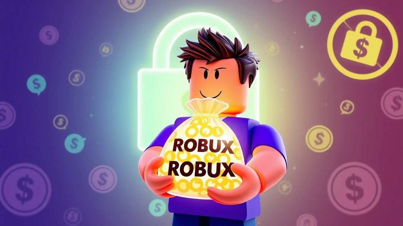 Avatar seguro com Robux brilhantes e moedas digitais.