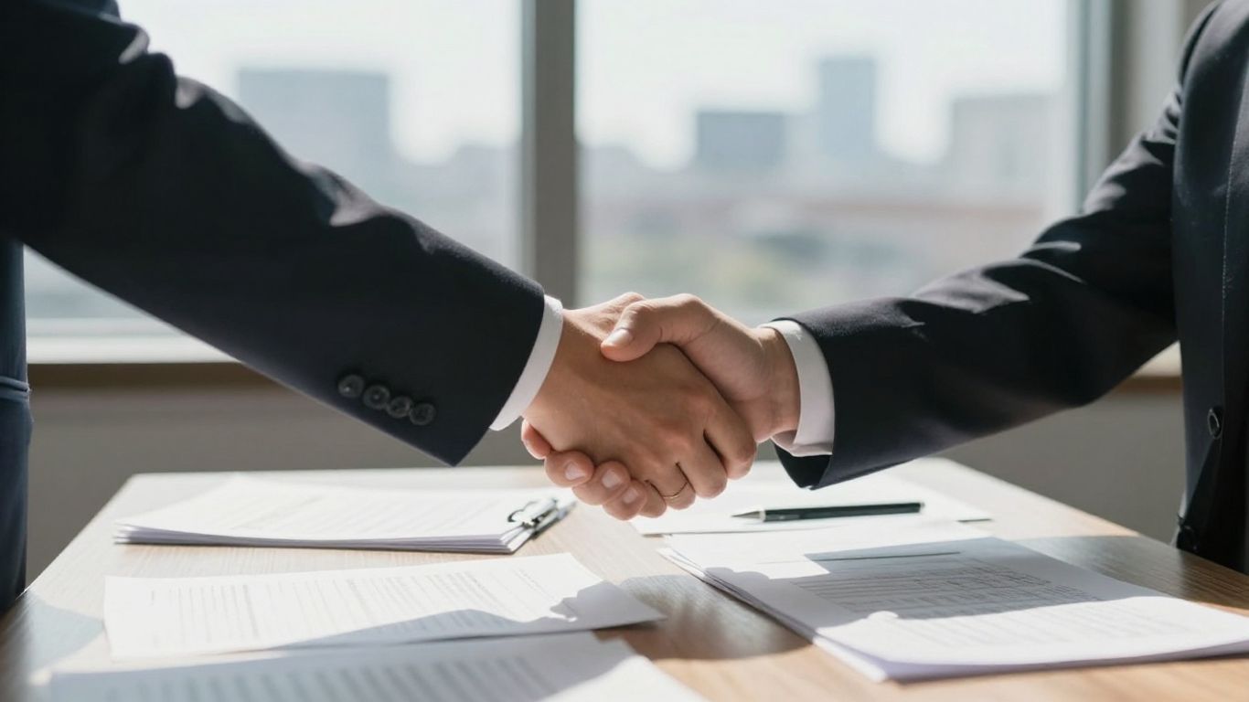 Business handshake, contract documents, cityscape background.