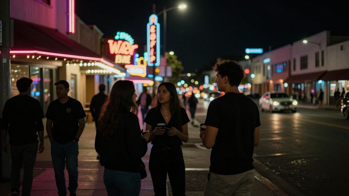 Bakersfield nightlife with people mingling.