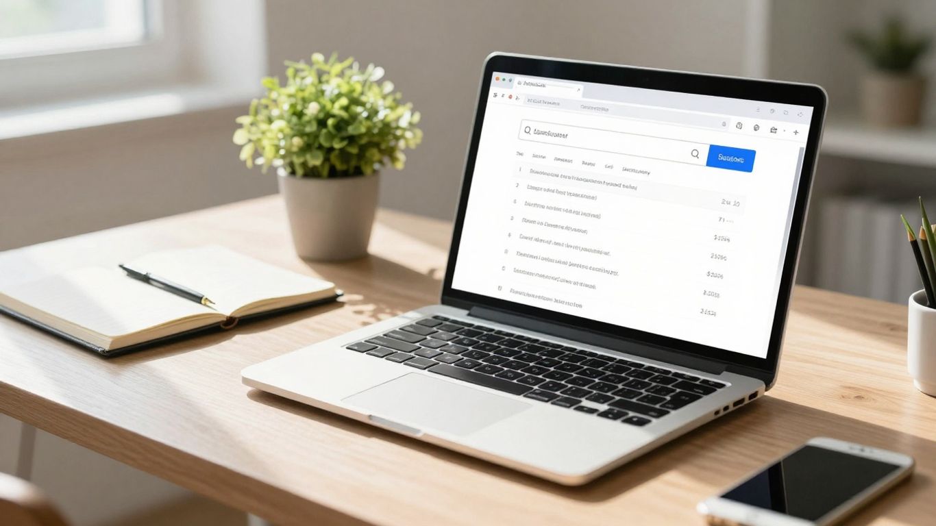 Laptop showing search engine results page on a desk.