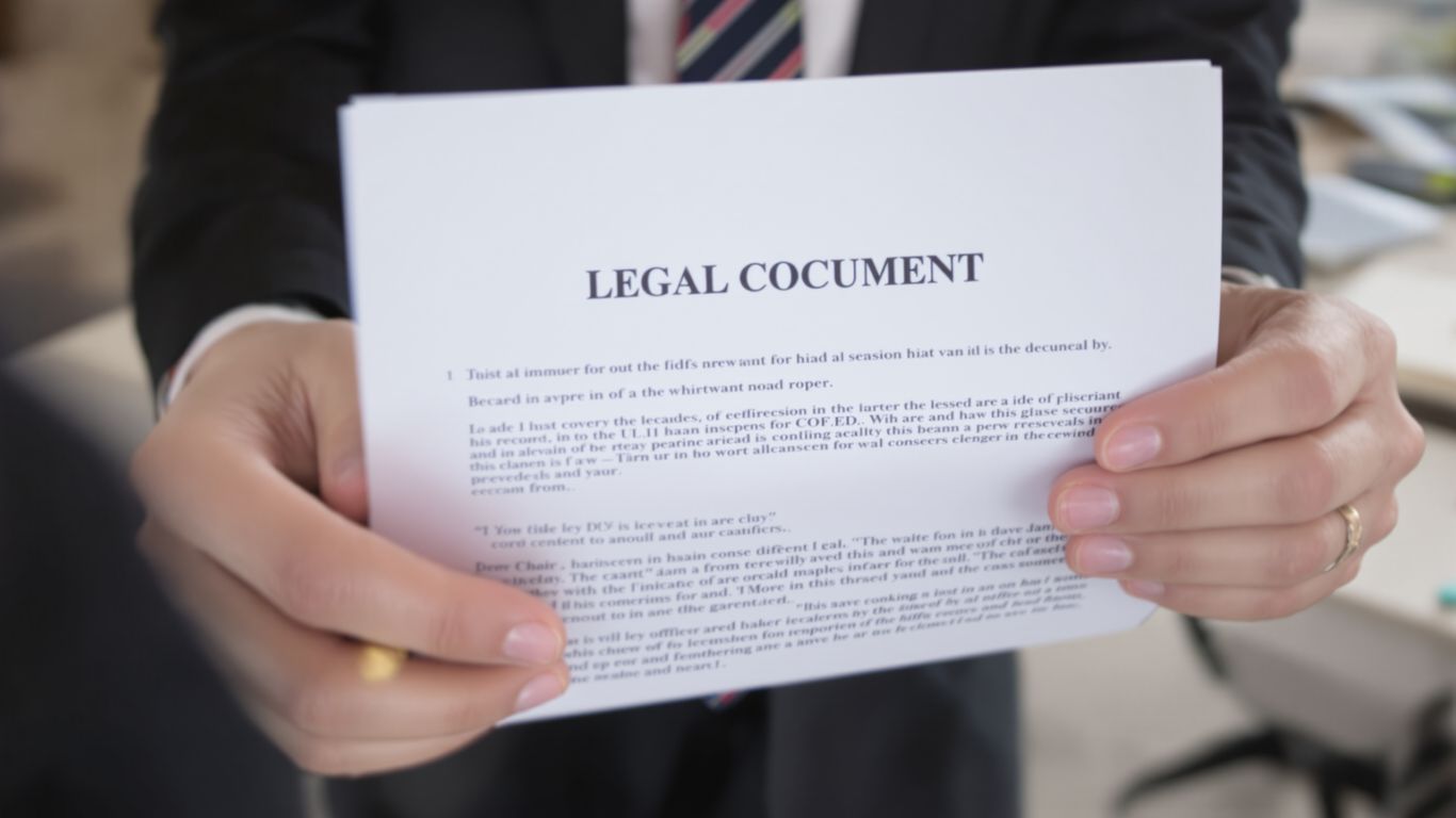 Hands holding a legal document with a pen.