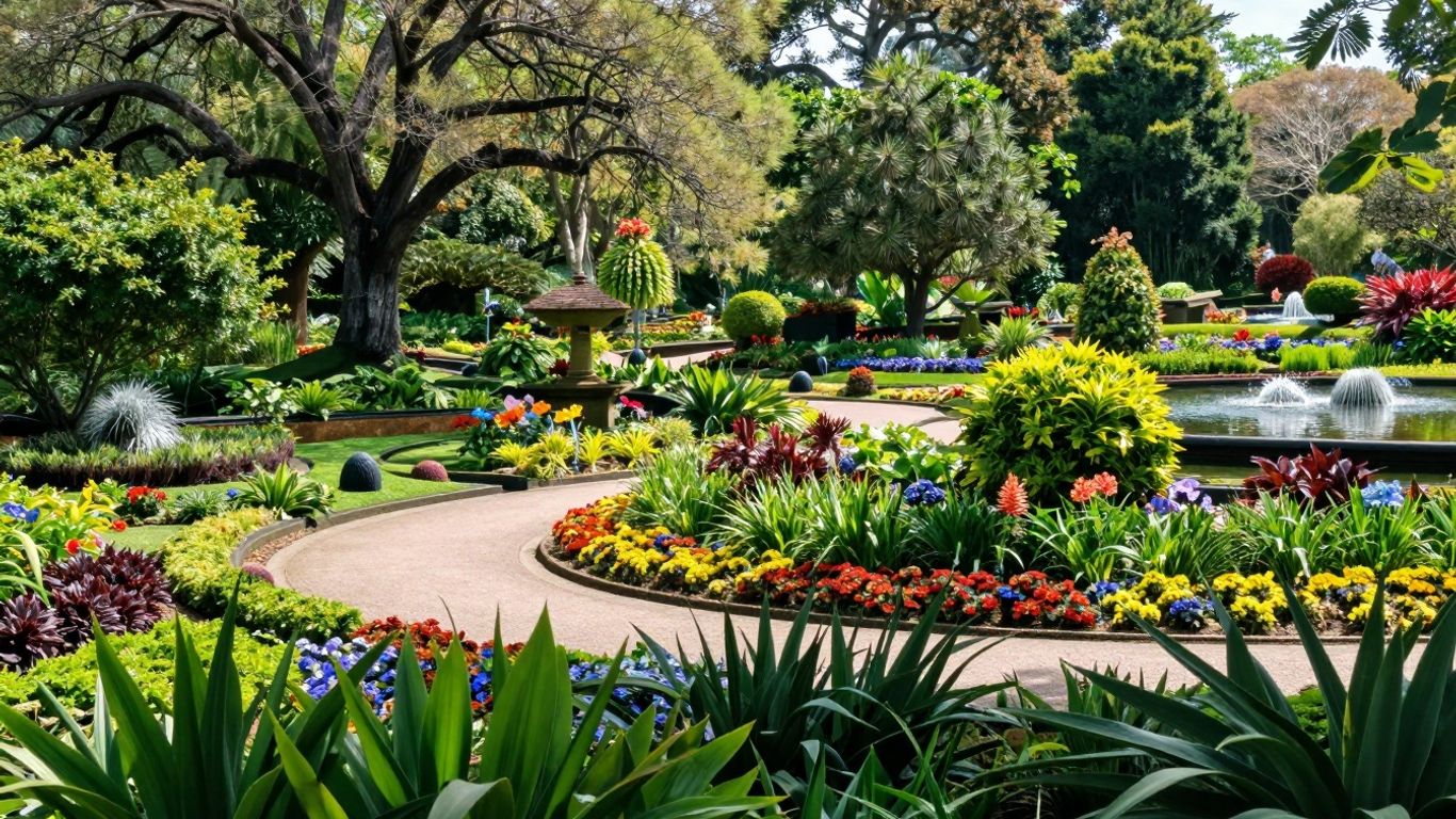 Bloeiende planten en kronkelende paden in de Tuinen van Mien Ruys.