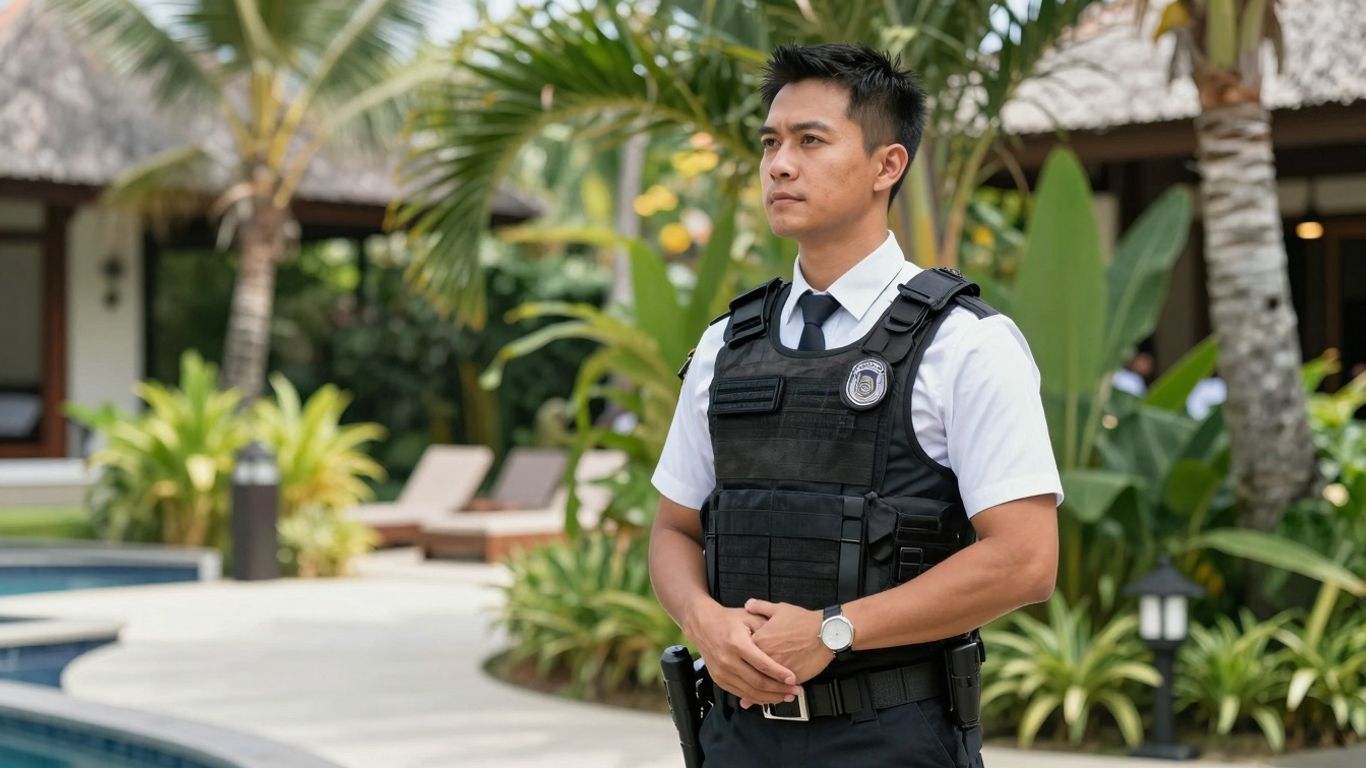 Bodyguard providing personal security detail in Bali.