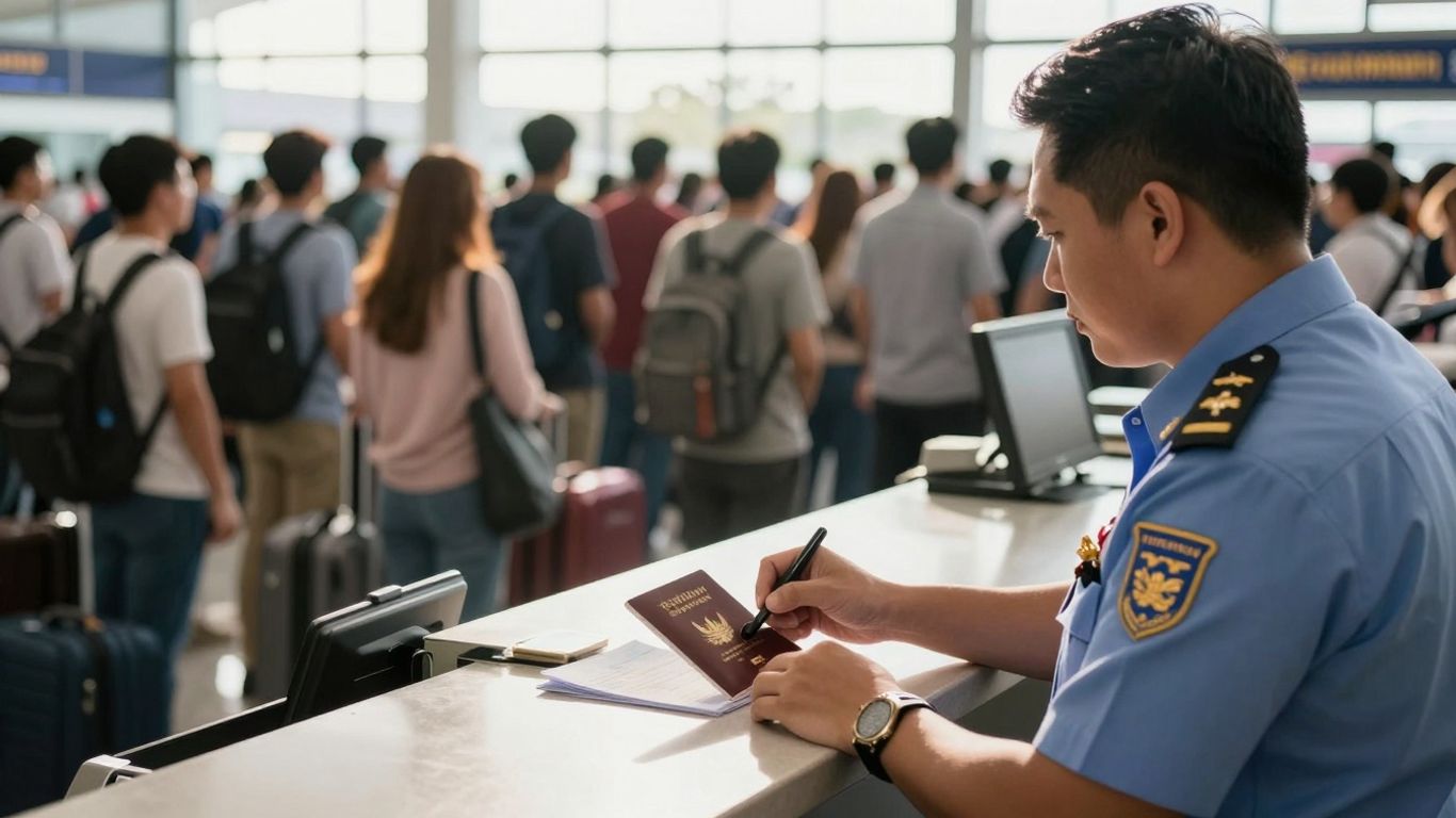 Thai immigration officer stamping passport at airport counter.