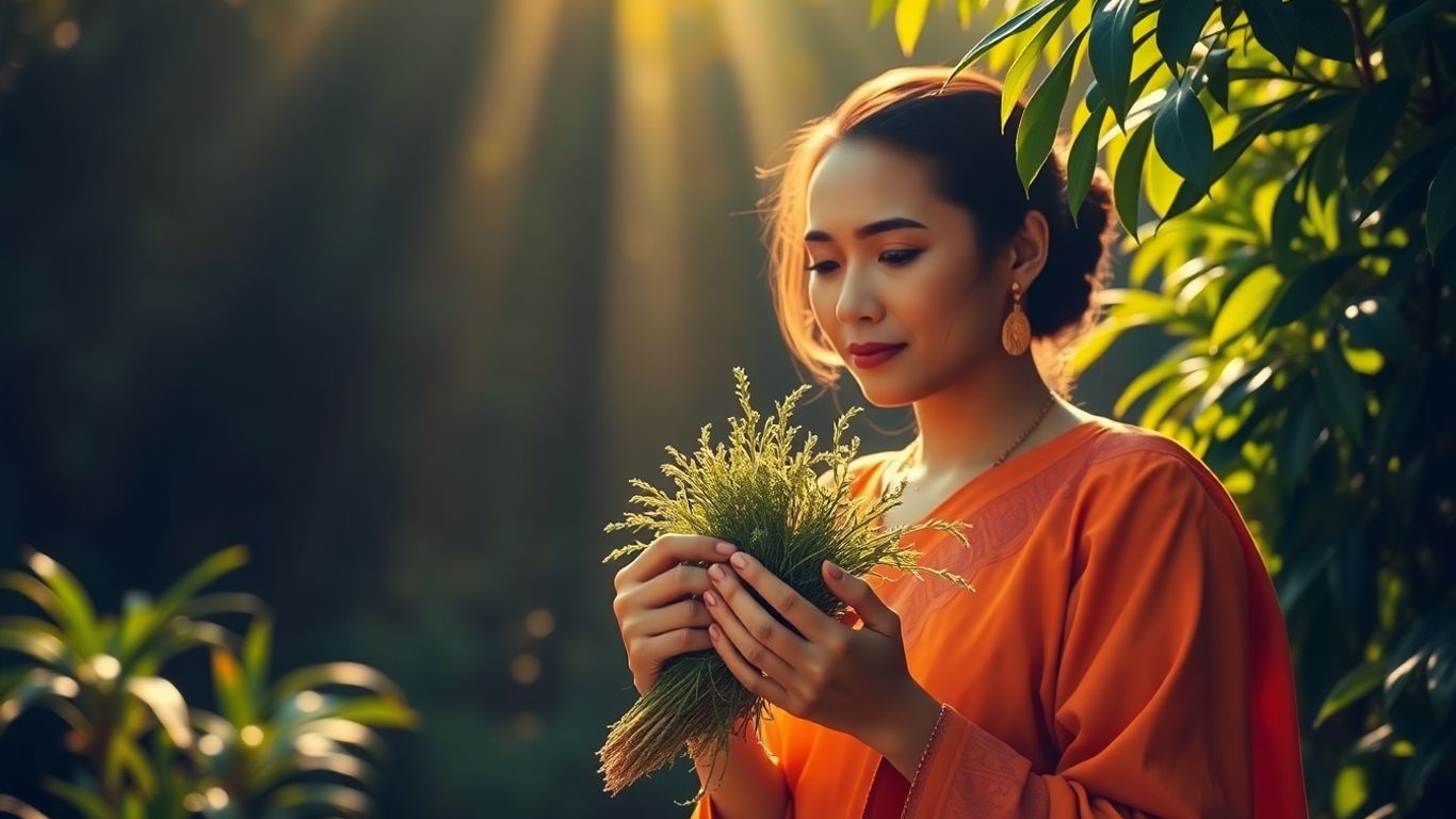 Balinese woman holding sacred herbs in sunlight.