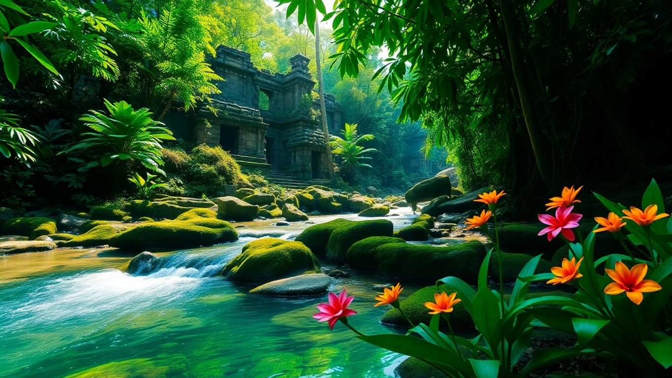 Ancient Balinese jungle ruins with stream and flowers.