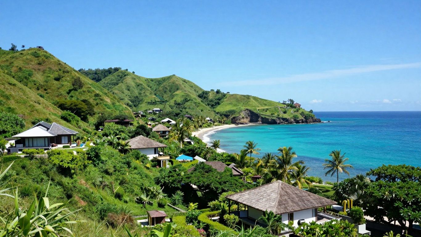 Sumba island landscape with villas and ocean view.