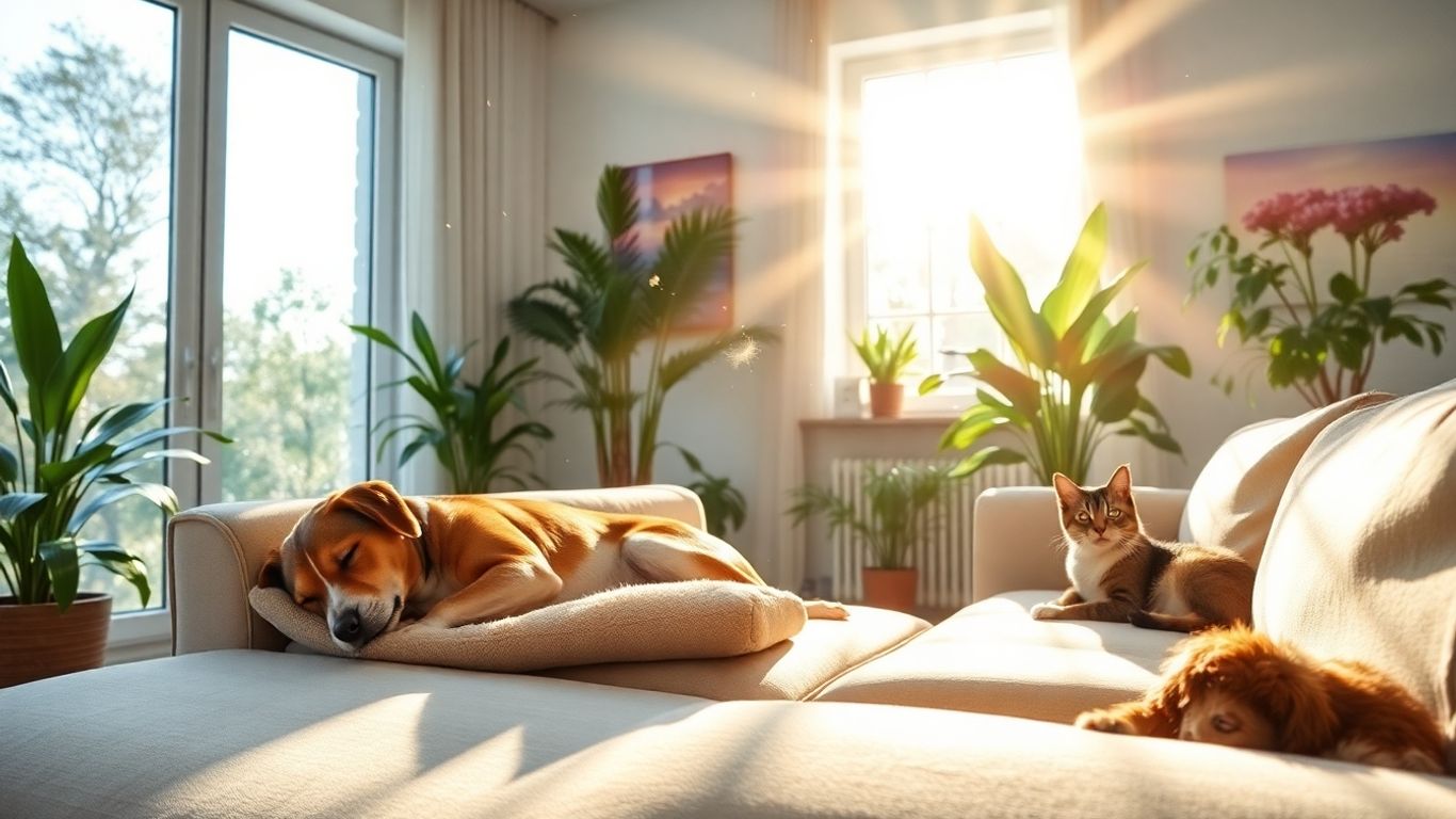 Sunlit room with pets and visible dust particles