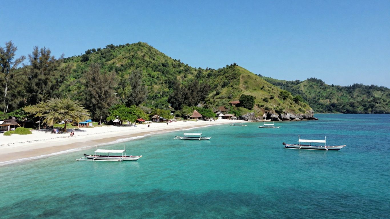 Labuan Bajo coastline with boats and green hills.