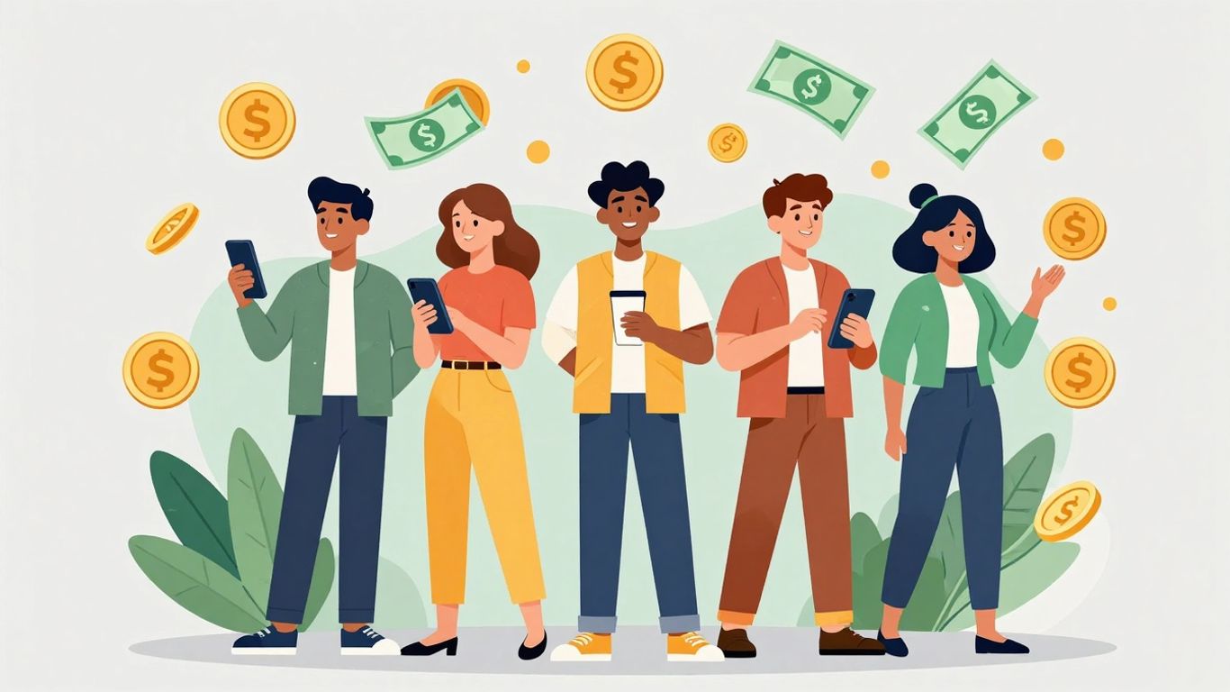 Pessoas felizes com smartphones e dinheiro flutuando.