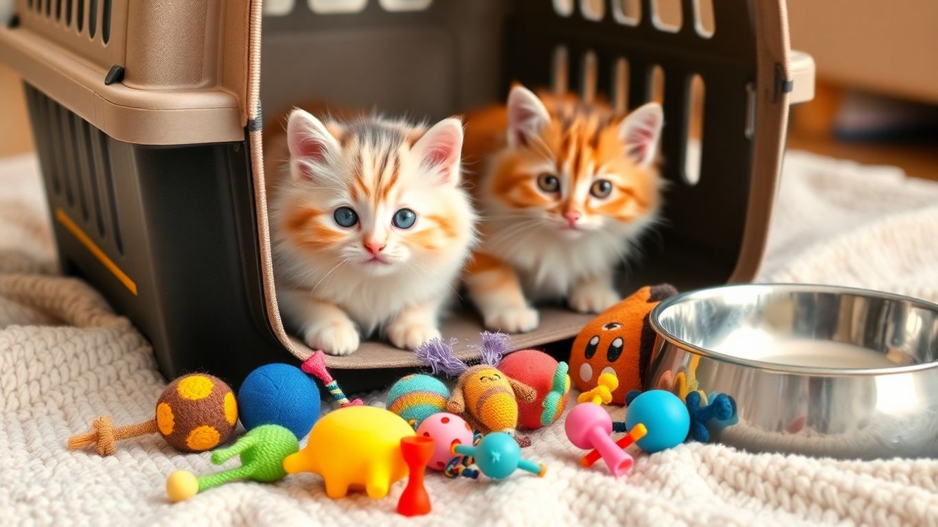 Kitten with new toys and food bowl.