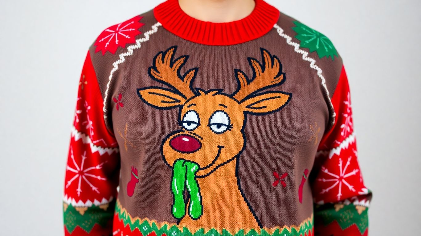 Ugly Christmas sweater with a vomiting reindeer design.