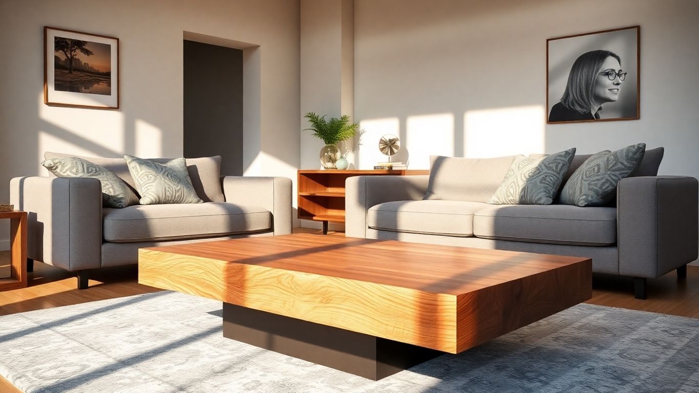 Rectangle wood coffee table in a stylish living room.