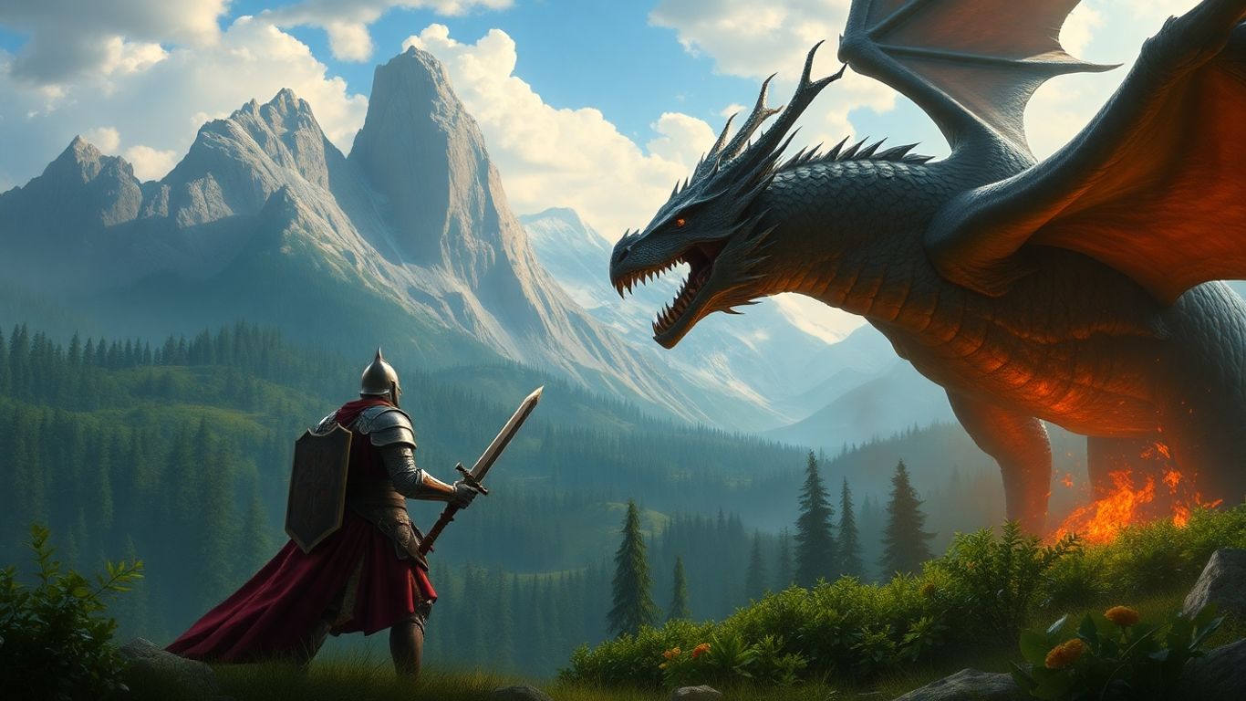 Knight facing dragon in fantasy landscape