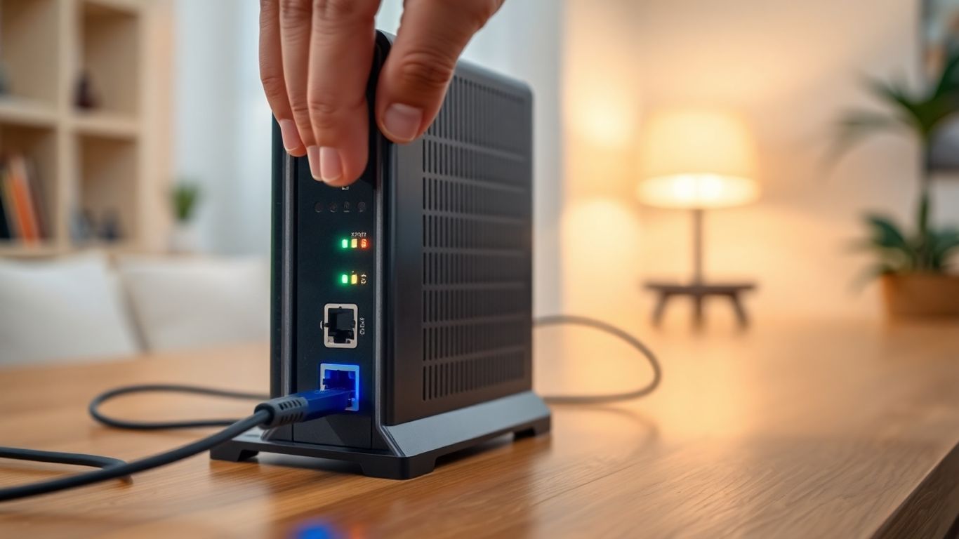 Pessoa ajustando modem de internet em uma mesa de madeira.