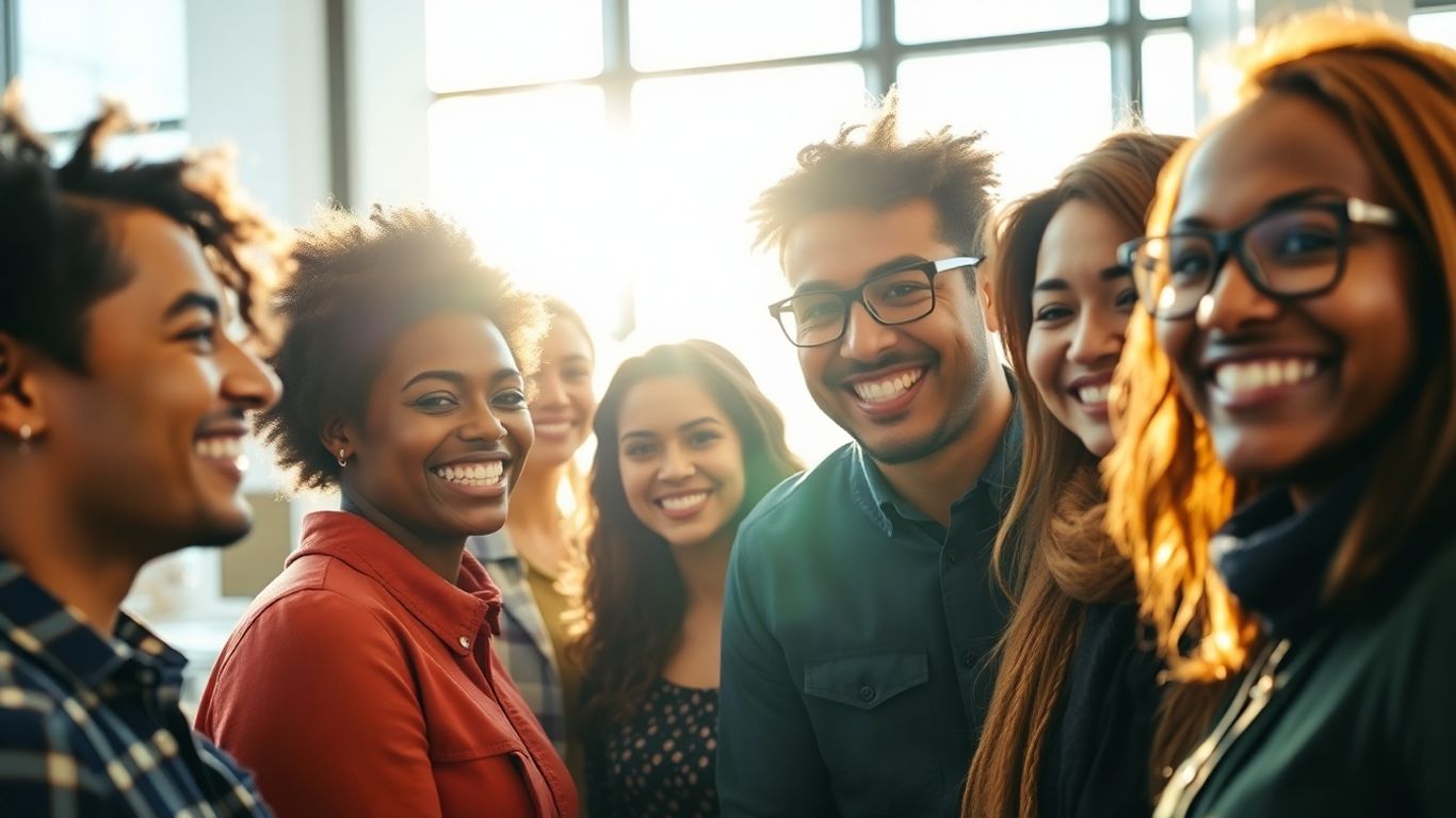 People collaborating and smiling in a bright, modern space.