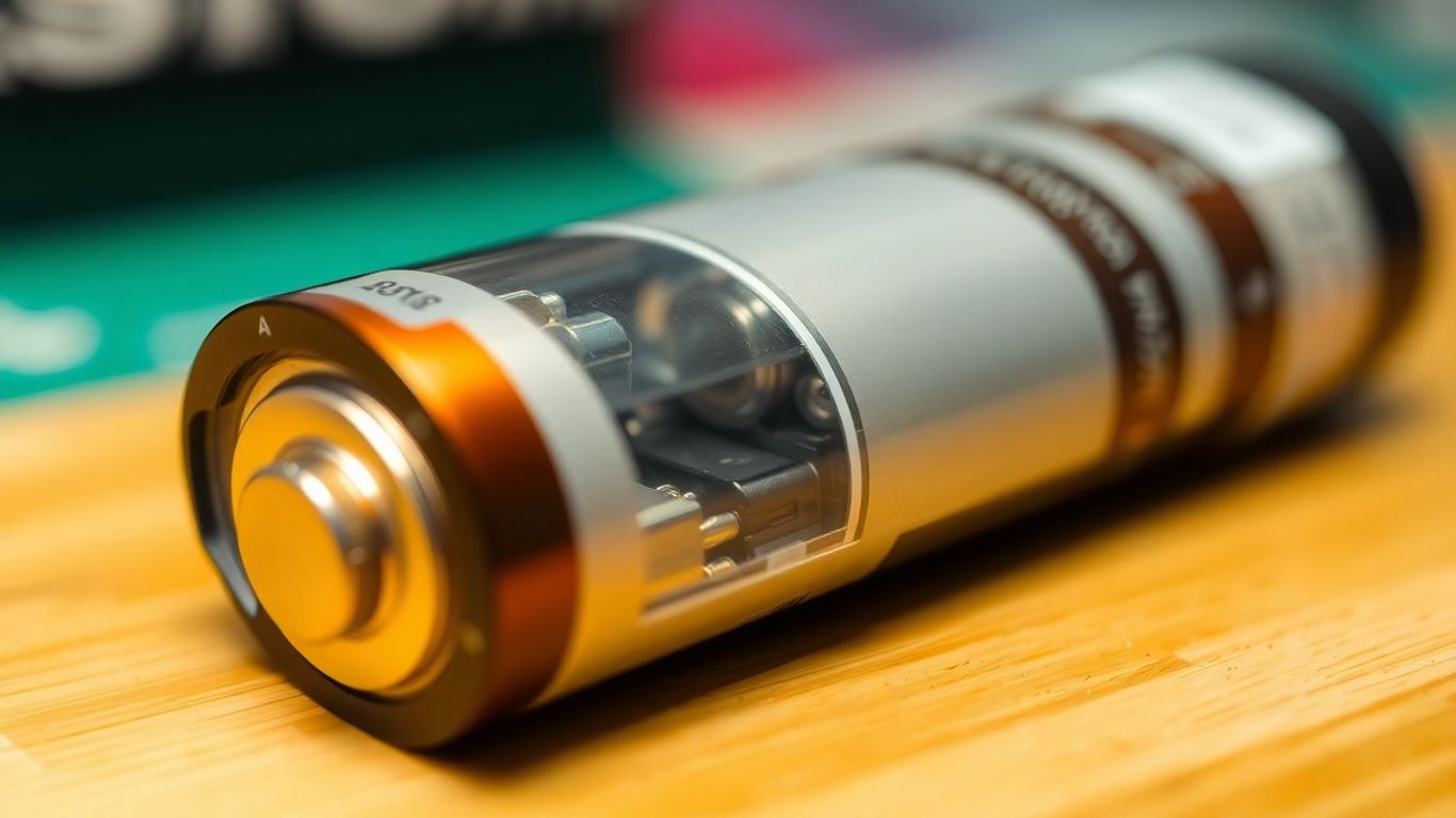 Disassembled battery components with glowing electrolyte fluid.