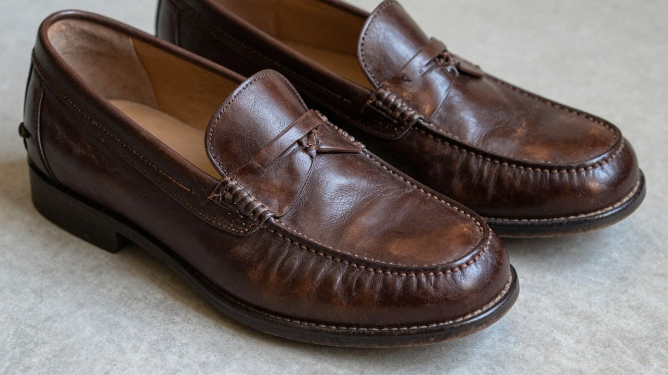 Brown penny loafers on a neutral surface.