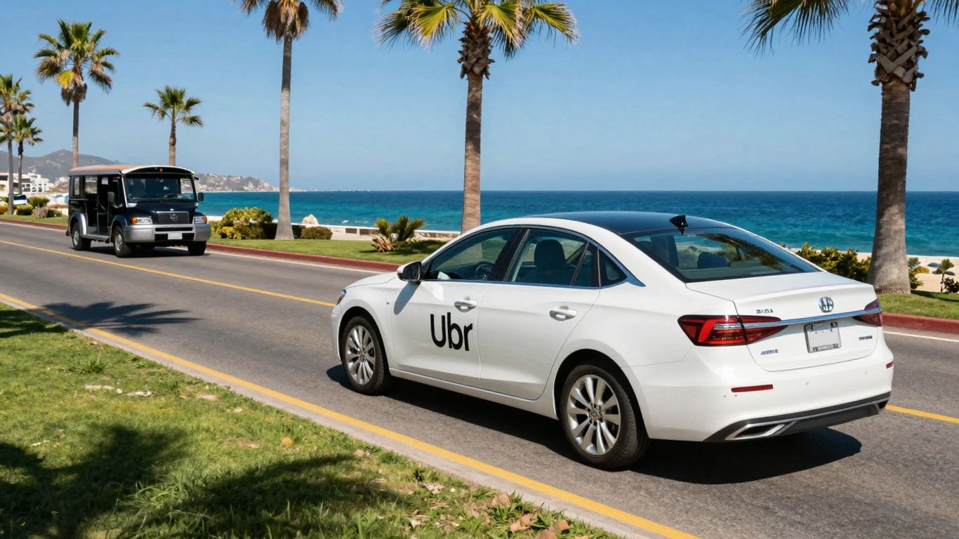 Uber car on a sunny Cabo road with ocean view.