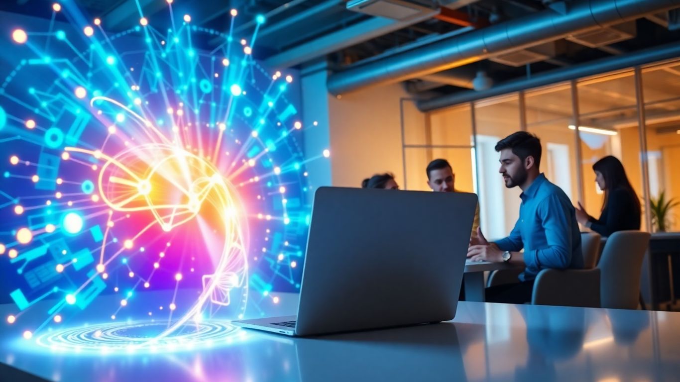 Oficina moderna con patrones de IA y equipo colaborando.