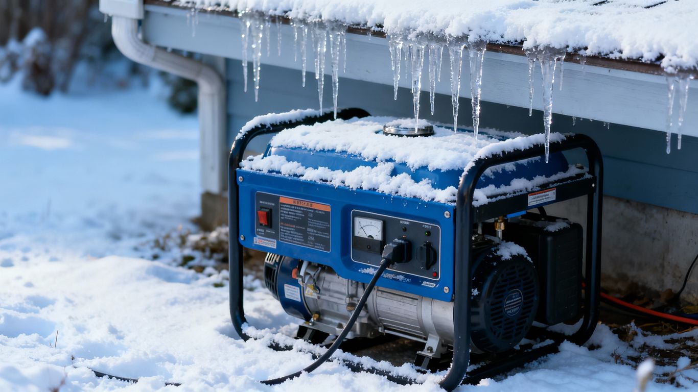 Generator in snowy weather for backup power.