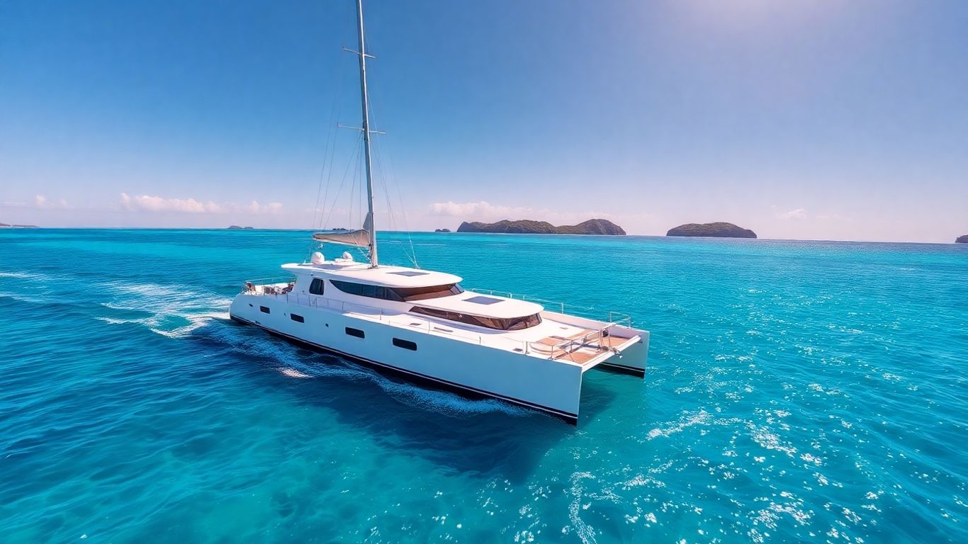 Luxury catamaran sailing on turquoise Caribbean waters.