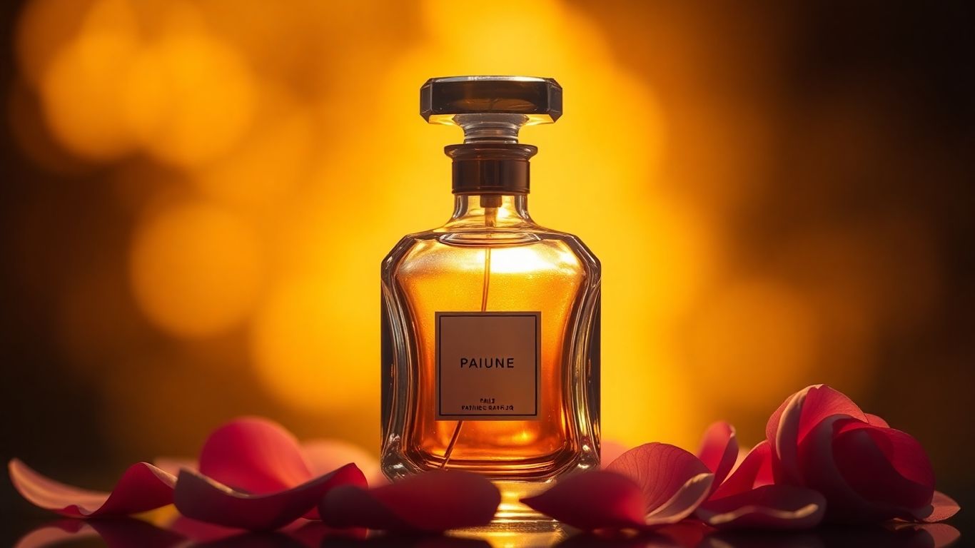 Perfume bottle with floral petals and golden bokeh.