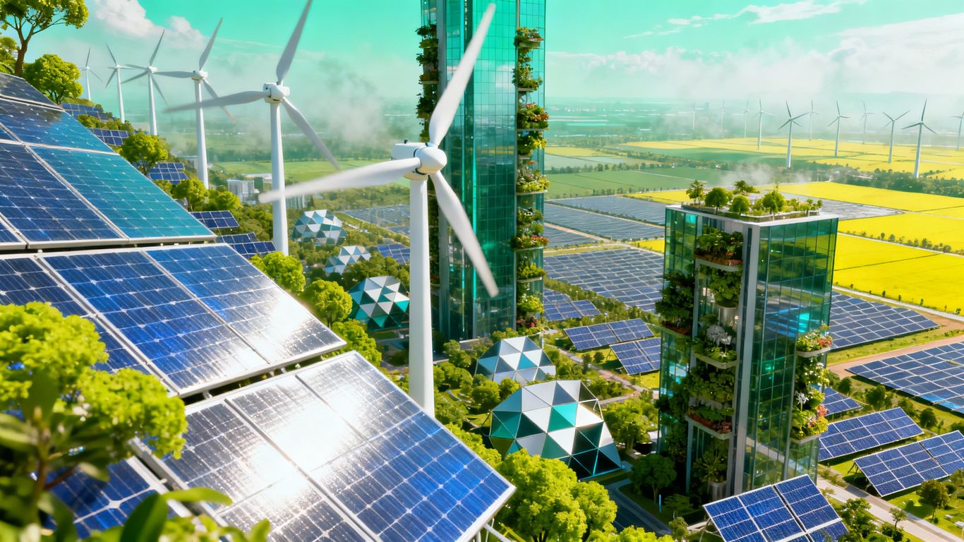 Green cityscape with wind turbines and solar panels.